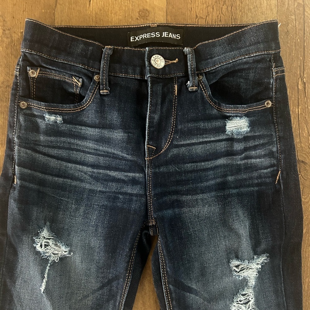 Express Distressed Skinny Jeans Dark Wash Mid Rise Stretch Denim Size 0R - Picture 4 of 10
